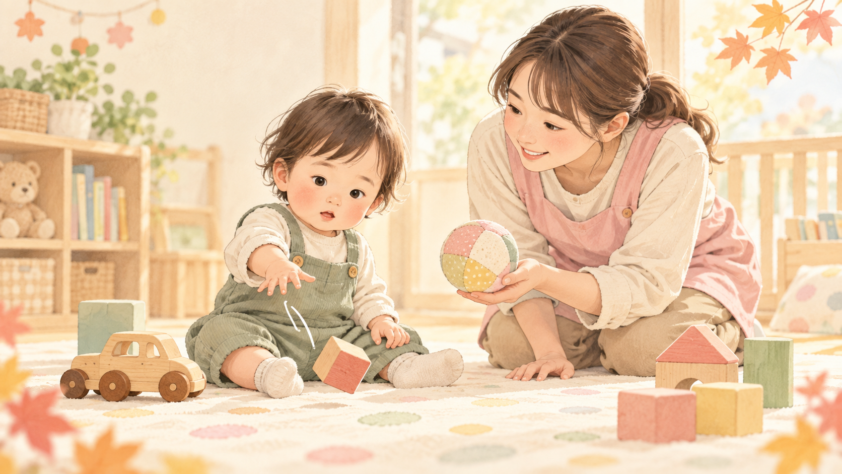 積み木を手放す幼児に、柔らかいボールを差し出して見守る保育者のイラスト